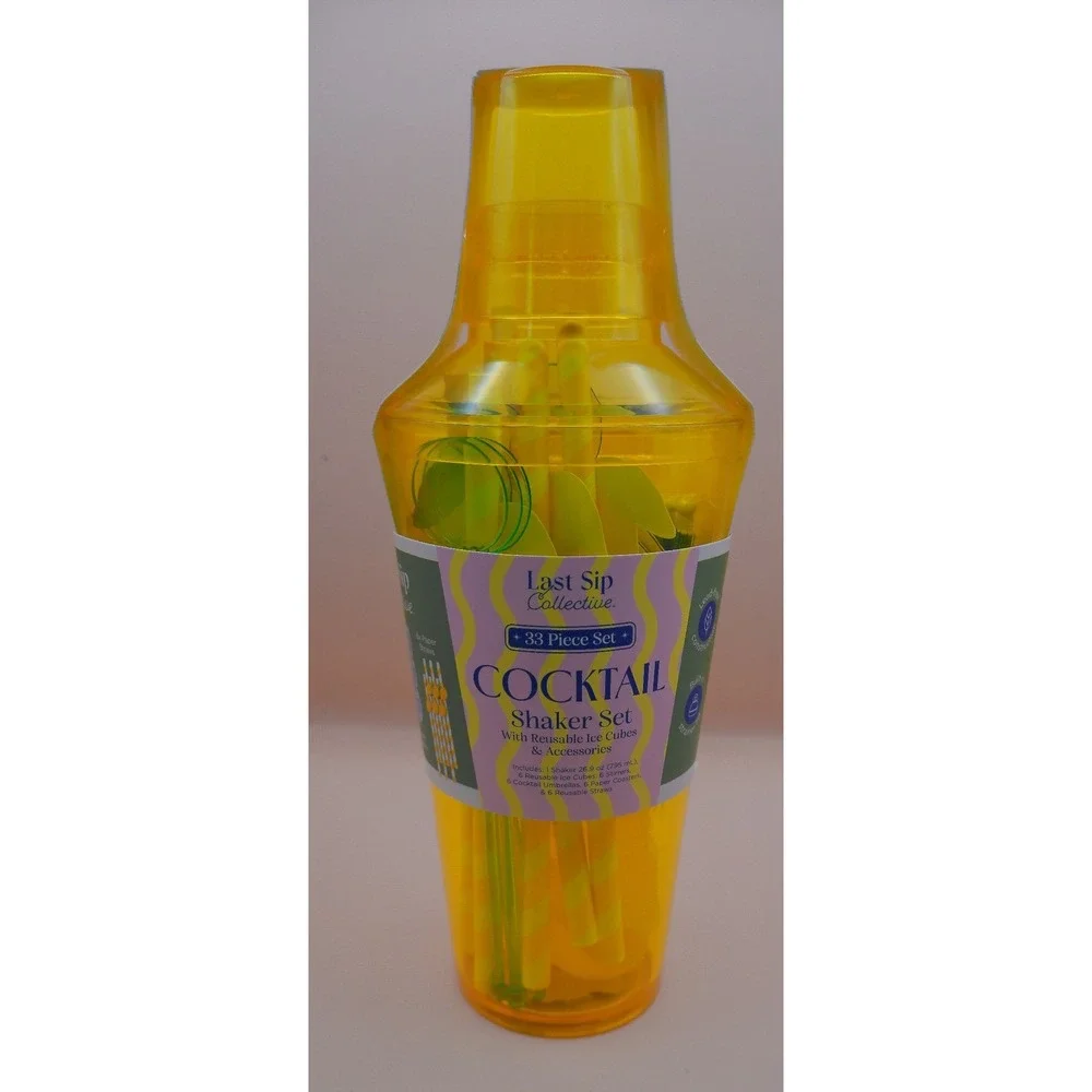 Last Sip Collective Yellow Lemon Cocktail Shaker Set 33 Pc Reusable Ice Cubes